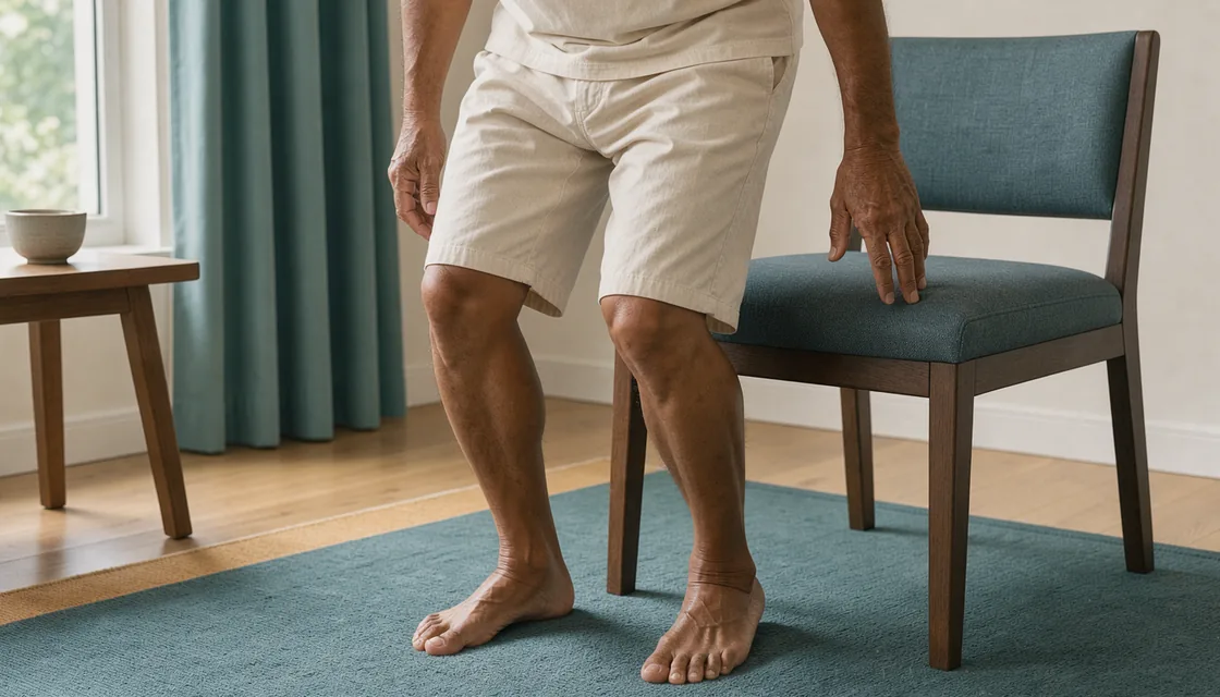 An older adult’s clothed thigh and relaxed hand while rising from a simple chair.