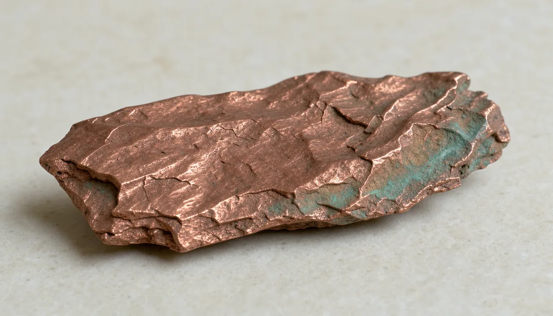 An irregular piece of native copper with warm metallic ridges and a small green patina edge.