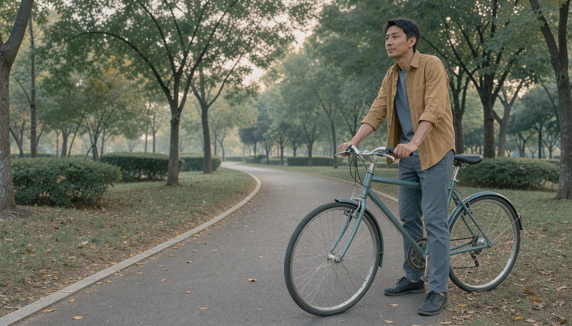 A casually dressed cyclist standing beside a plain bicycle after an easy morning ride.