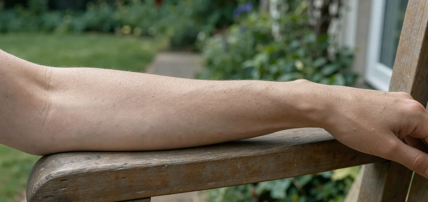 Natural skin texture along an adult’s relaxed forearm in soft side light.