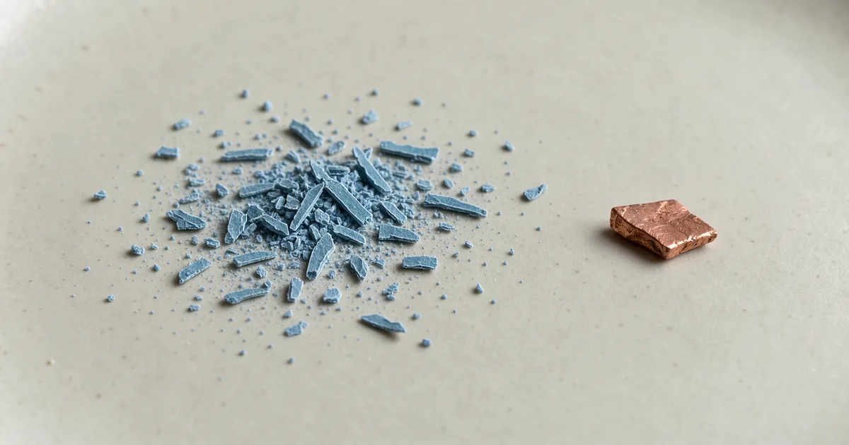 A thin scatter of blue GHK-Cu flakes beside a separate small piece of copper on an ivory surface.