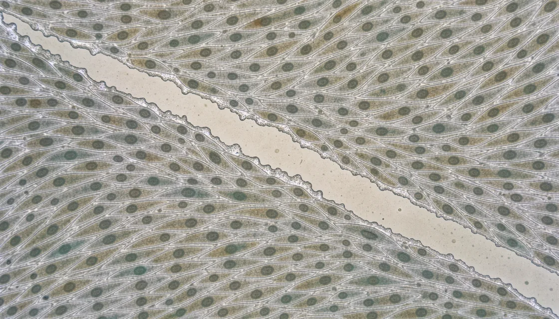 An open pale gap between two edges of a fibroblast cell layer under a microscope.