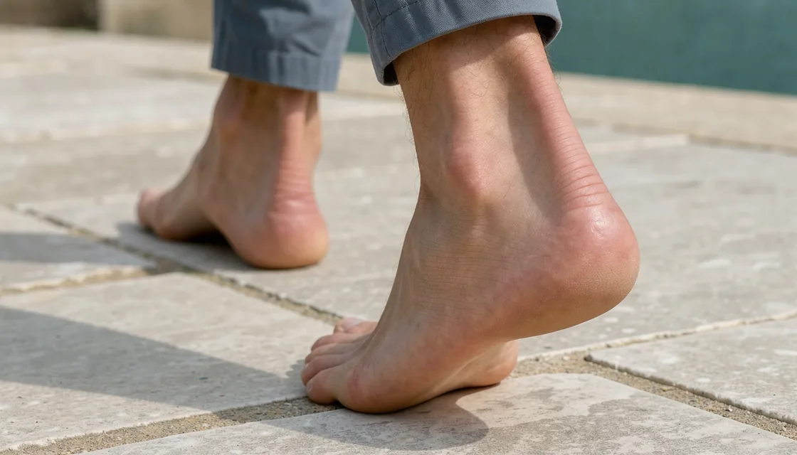 The back of an adult’s ankle and visible Achilles tendon during an easy barefoot step.