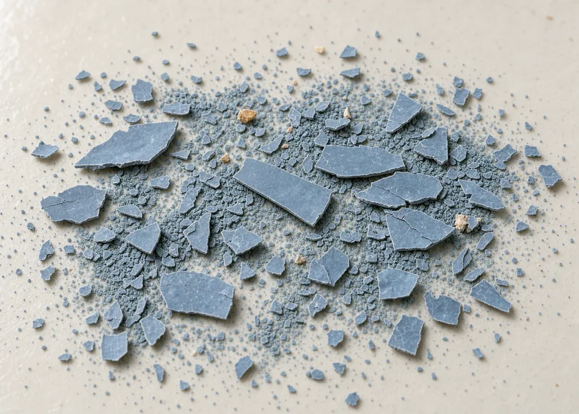 Blue GHK-Cu flakes spread across an ivory surface, with fine blue grains in the center.