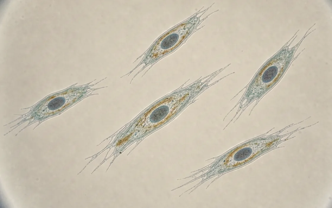 A few spindle-shaped fibroblasts spread across a pale microscope field.