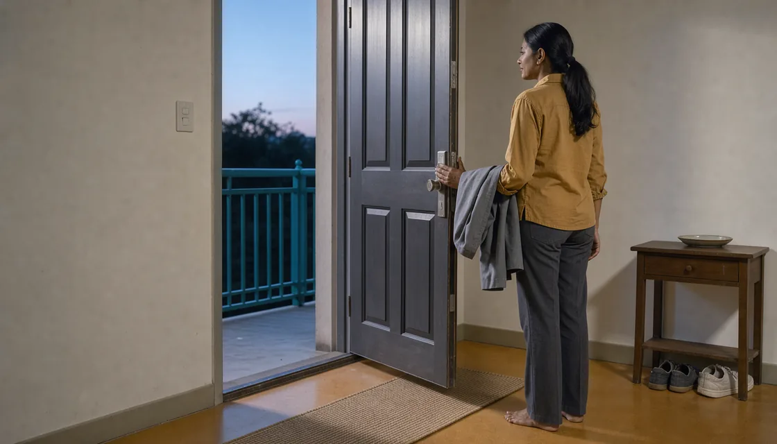 A woman arriving at a quiet home doorway at dawn with a plain work jacket over her arm.